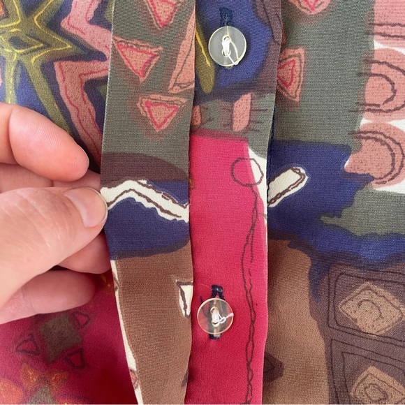 Vintage Blouse Large Button Down Short Sleeved Hippy Print 80s Top Green Red Sun - Picture 3 of 5